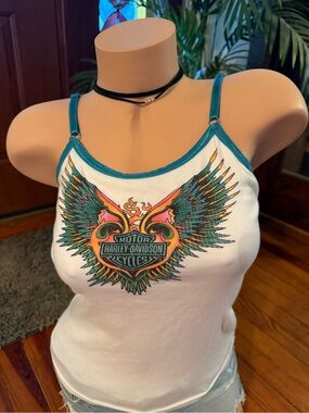 Harley-Davidson White Tank with Teal Trim and Multi-Color Wing Graphic